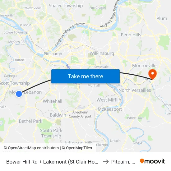 Bower Hill Rd + Lakemont (St Clair Hosp) to Pitcairn, PA map