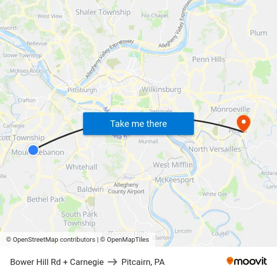 Bower Hill Rd + Carnegie to Pitcairn, PA map
