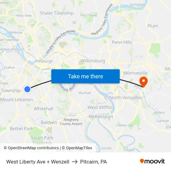 West Liberty Ave + Wenzell to Pitcairn, PA map