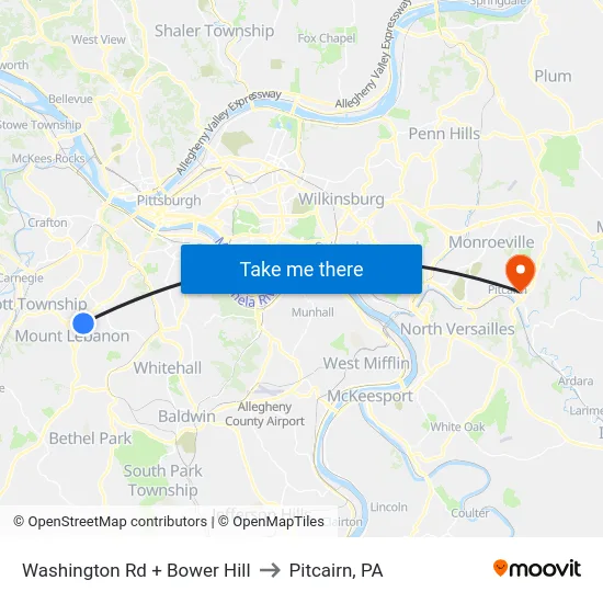 Washington Rd + Bower Hill to Pitcairn, PA map