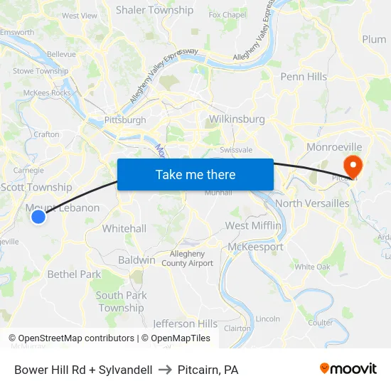 Bower Hill Rd + Sylvandell to Pitcairn, PA map