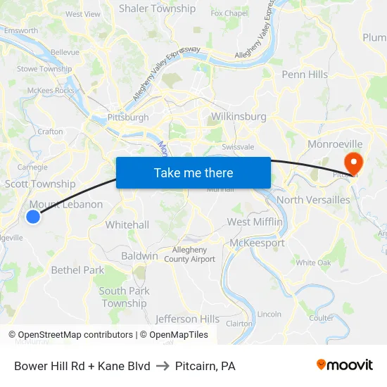 Bower Hill Rd + Kane Blvd to Pitcairn, PA map
