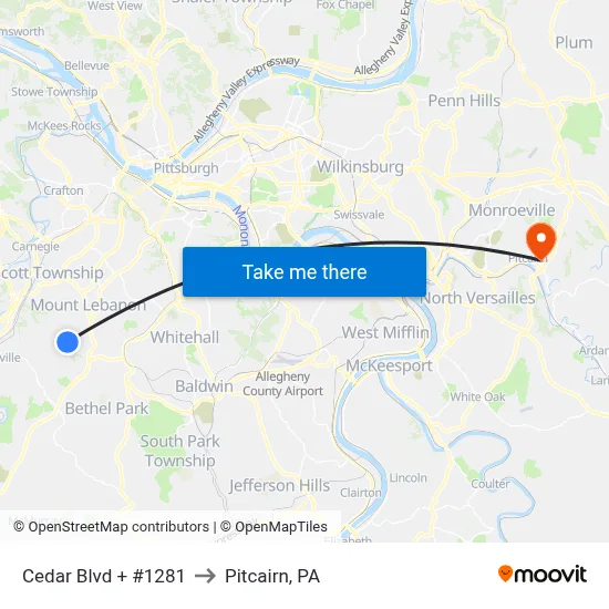 Cedar Blvd + #1281 to Pitcairn, PA map