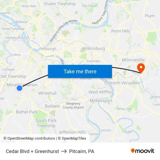 Cedar Blvd + Greenhurst to Pitcairn, PA map