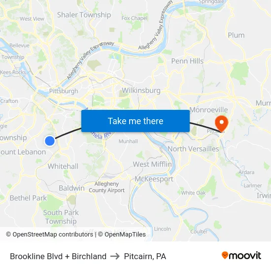 Brookline Blvd + Birchland to Pitcairn, PA map