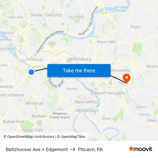 Beltzhoover Ave + Edgemont to Pitcairn, PA map