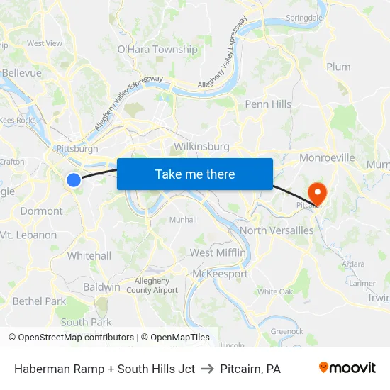 Haberman Ramp + South Hills Jct to Pitcairn, PA map