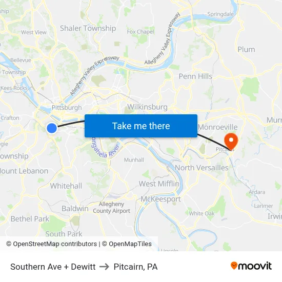 Southern Ave + Dewitt to Pitcairn, PA map