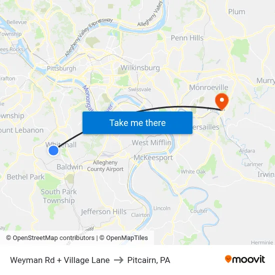 Weyman Rd + Village Lane to Pitcairn, PA map