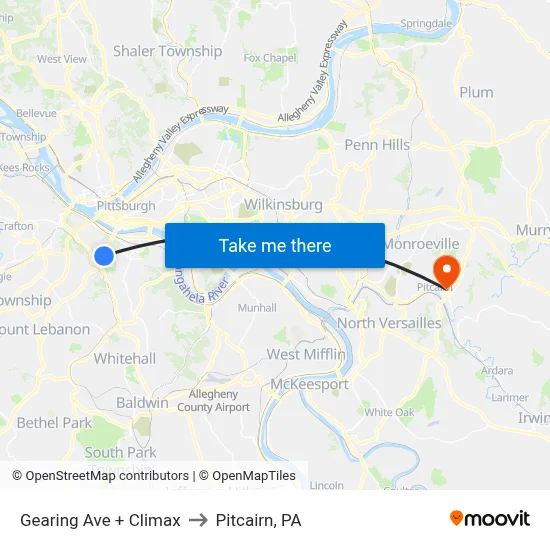 Gearing Ave + Climax to Pitcairn, PA map