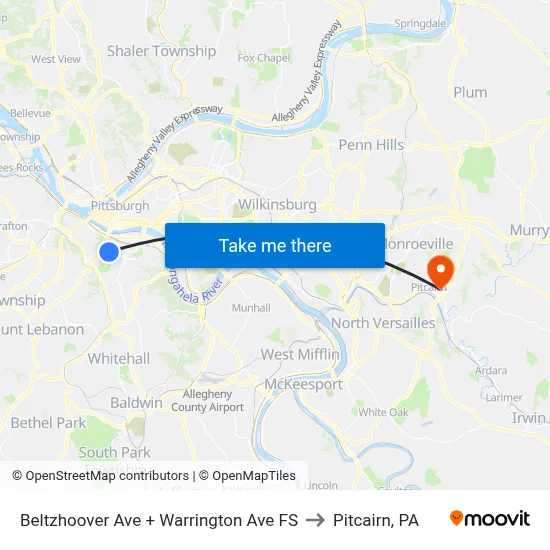 Beltzhoover Ave + Warrington Ave FS to Pitcairn, PA map