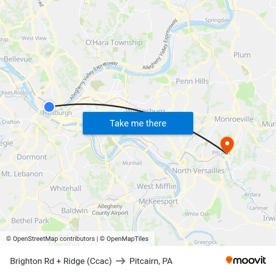 Brighton Rd + Ridge (Ccac) to Pitcairn, PA map