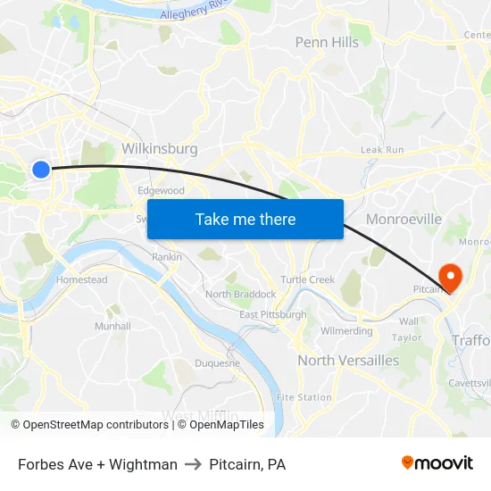 Forbes Ave + Wightman to Pitcairn, PA map