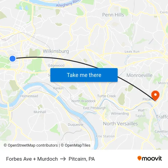 Forbes Ave + Murdoch to Pitcairn, PA map