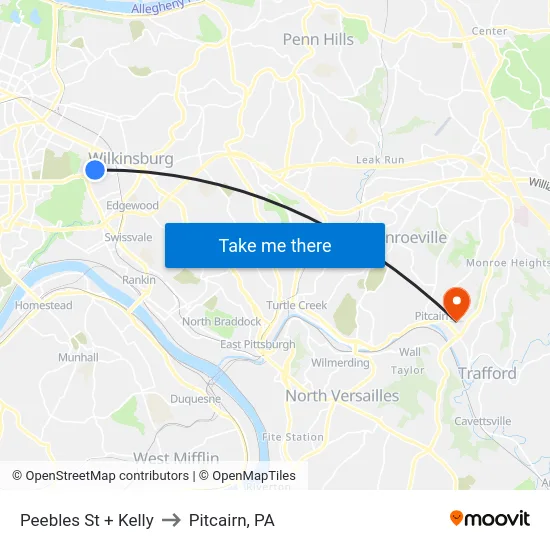 Peebles St + Kelly to Pitcairn, PA map
