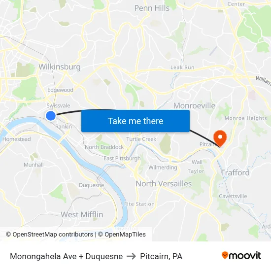 Monongahela Ave + Duquesne to Pitcairn, PA map