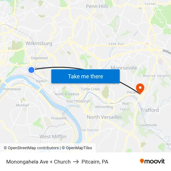 Monongahela Ave + Church to Pitcairn, PA map