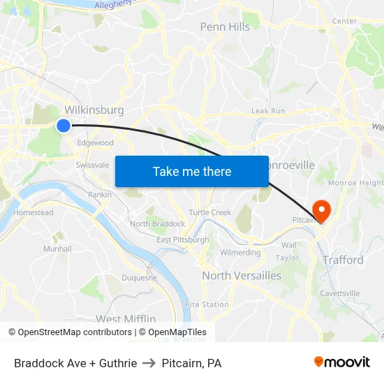 Braddock Ave + Guthrie to Pitcairn, PA map