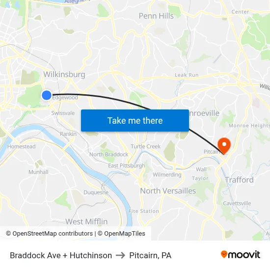 Braddock Ave + Hutchinson to Pitcairn, PA map