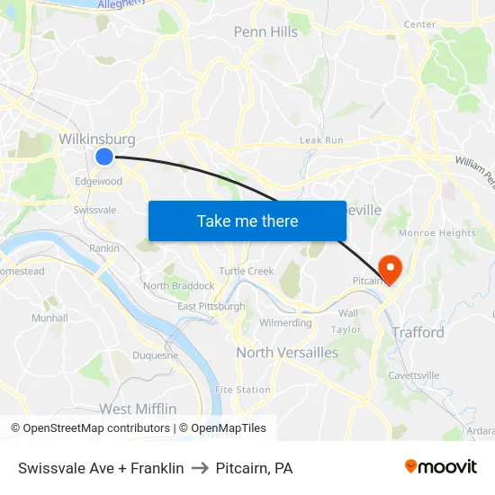 Swissvale Ave + Franklin to Pitcairn, PA map