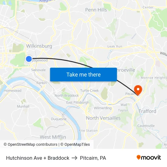 Hutchinson Ave + Braddock to Pitcairn, PA map