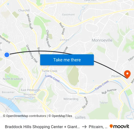 Braddock Hills Shopping Center + Giant Eagle to Pitcairn, PA map
