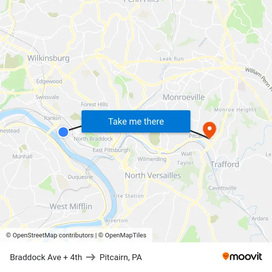 Braddock Ave + 4th to Pitcairn, PA map