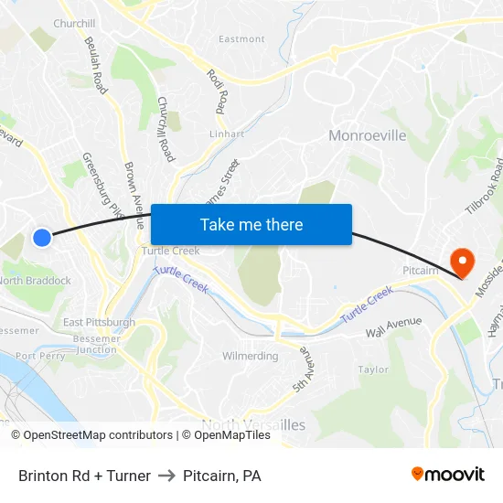 Brinton Rd + Turner to Pitcairn, PA map