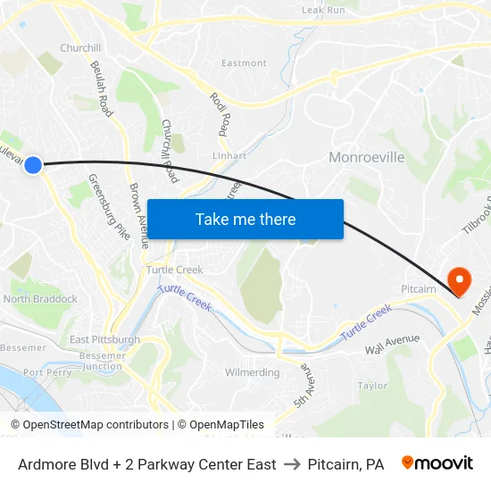 Ardmore Blvd + 2 Parkway Center East to Pitcairn, PA map