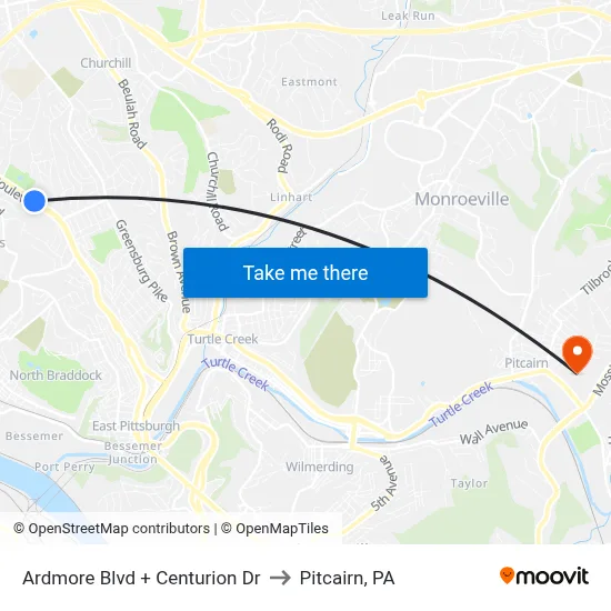 Ardmore Blvd + Centurion Dr to Pitcairn, PA map