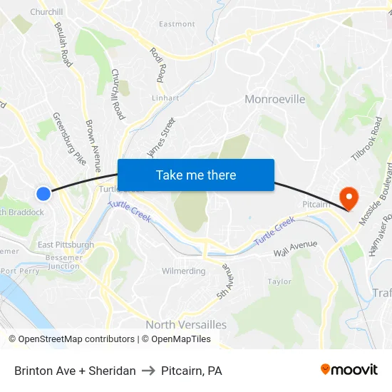 Brinton Ave + Sheridan to Pitcairn, PA map