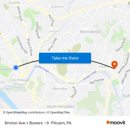 Brinton Ave + Bowers to Pitcairn, PA map