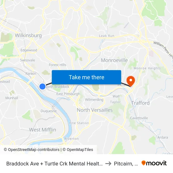 Braddock Ave + Turtle Crk Mental Health Ctr to Pitcairn, PA map