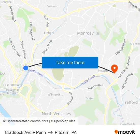 Braddock Ave + Penn to Pitcairn, PA map