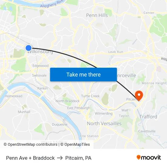 Penn Ave + Braddock to Pitcairn, PA map