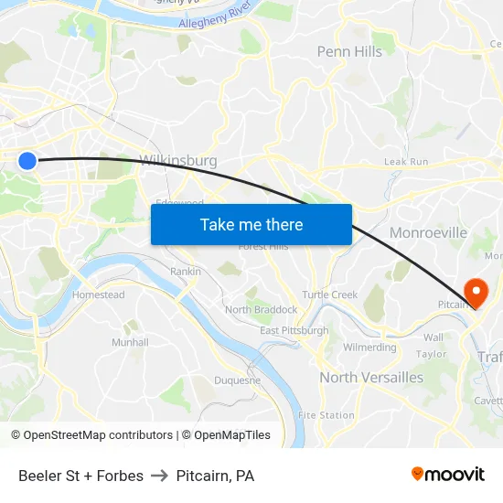Beeler St + Forbes to Pitcairn, PA map