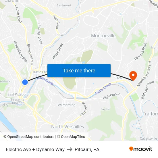 Electric Ave + Dynamo Way to Pitcairn, PA map