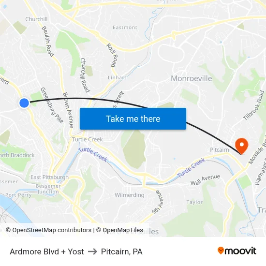 Ardmore Blvd + Yost to Pitcairn, PA map