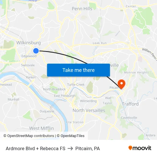 Ardmore Blvd + Rebecca FS to Pitcairn, PA map