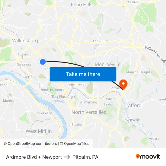Ardmore Blvd + Newport to Pitcairn, PA map