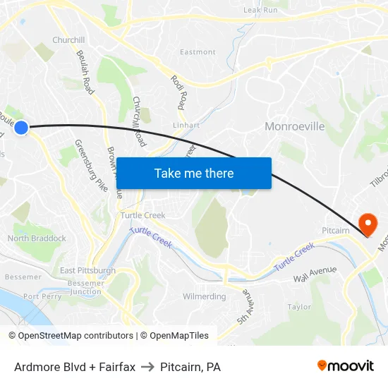 Ardmore Blvd + Fairfax to Pitcairn, PA map