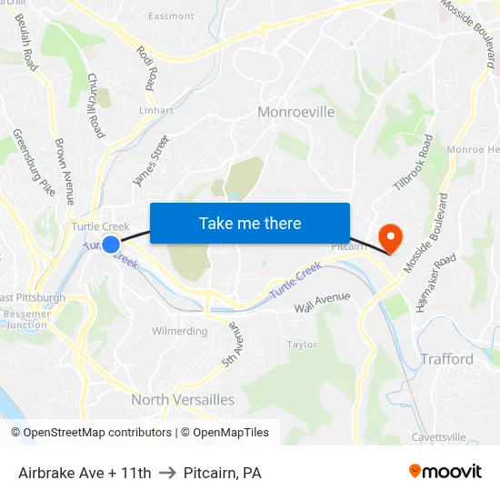 Airbrake Ave + 11th to Pitcairn, PA map
