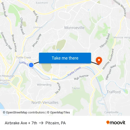 Airbrake Ave + 7th to Pitcairn, PA map