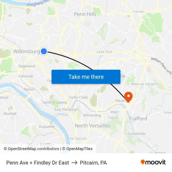 Penn Ave + Findley Dr East to Pitcairn, PA map