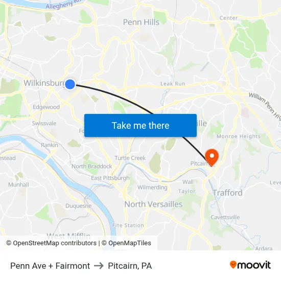 Penn Ave + Fairmont to Pitcairn, PA map