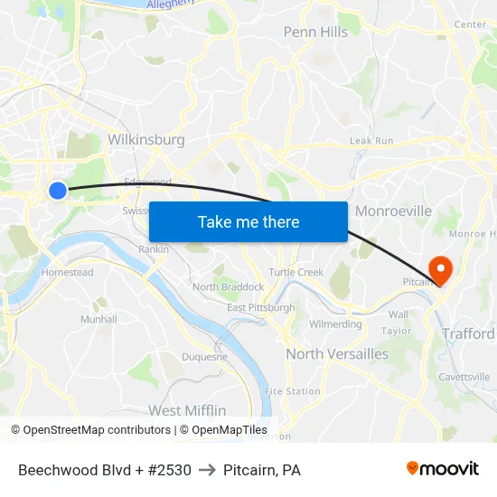 Beechwood Blvd + #2530 to Pitcairn, PA map