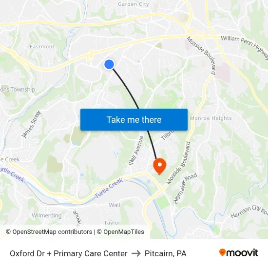 Oxford Dr + Primary Care Center to Pitcairn, PA map