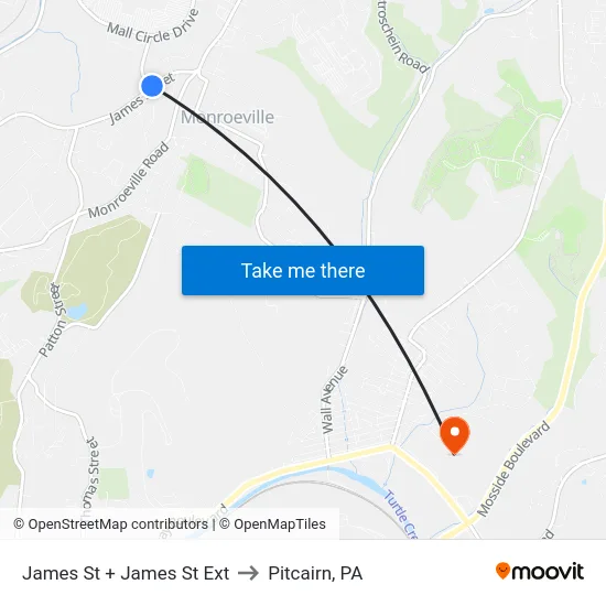 James St + James St Ext to Pitcairn, PA map