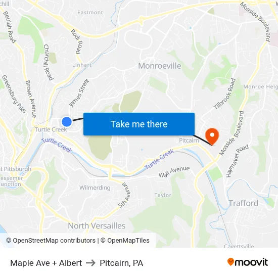 Maple Ave + Albert to Pitcairn, PA map