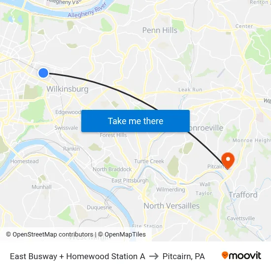 East Busway + Homewood Station A to Pitcairn, PA map